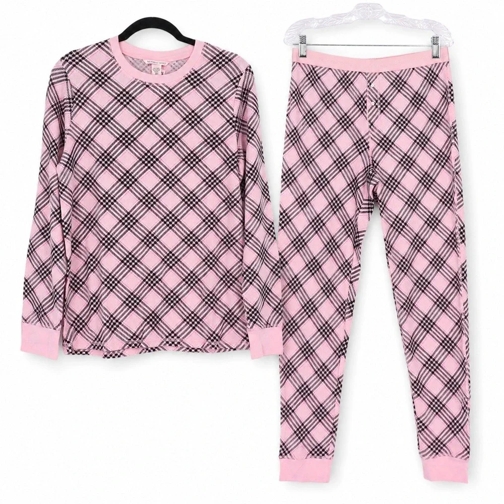 Victoria's Secret Pretty Blossom Lovely Plaid Pink Thermal Pajama Set Size L NWT